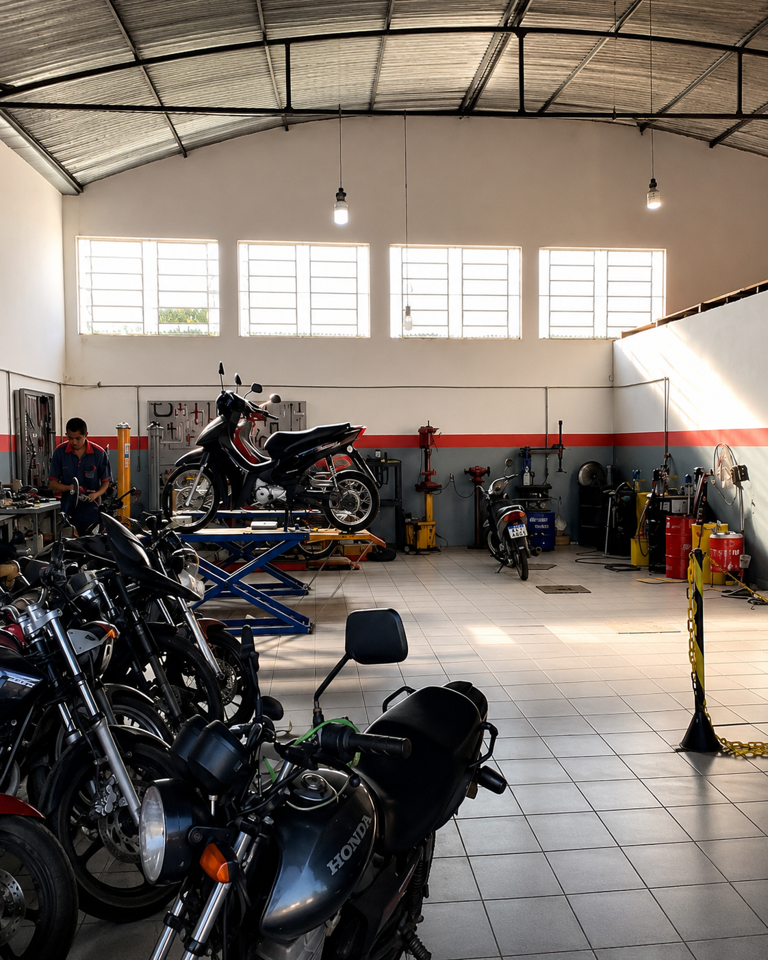 Interior da oficina Rui Motos com motos em manutenção